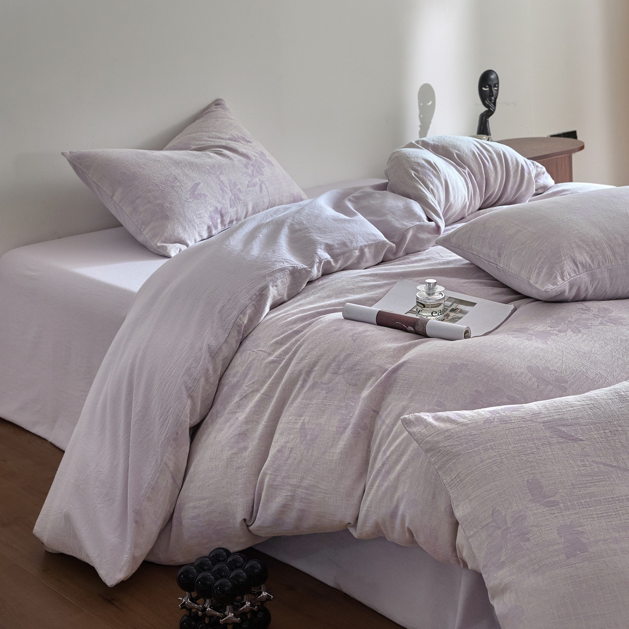 91家纺网 家纺一手货源 找家纺 如一 2026新款A类色织提花全棉双层纱水洗棉四件套 兰序紫