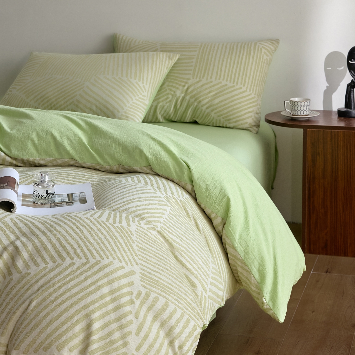 91家纺网 家纺一手货源 找家纺 如一 2026新款A类色织提花全棉双层纱水洗棉四件套 序章绿