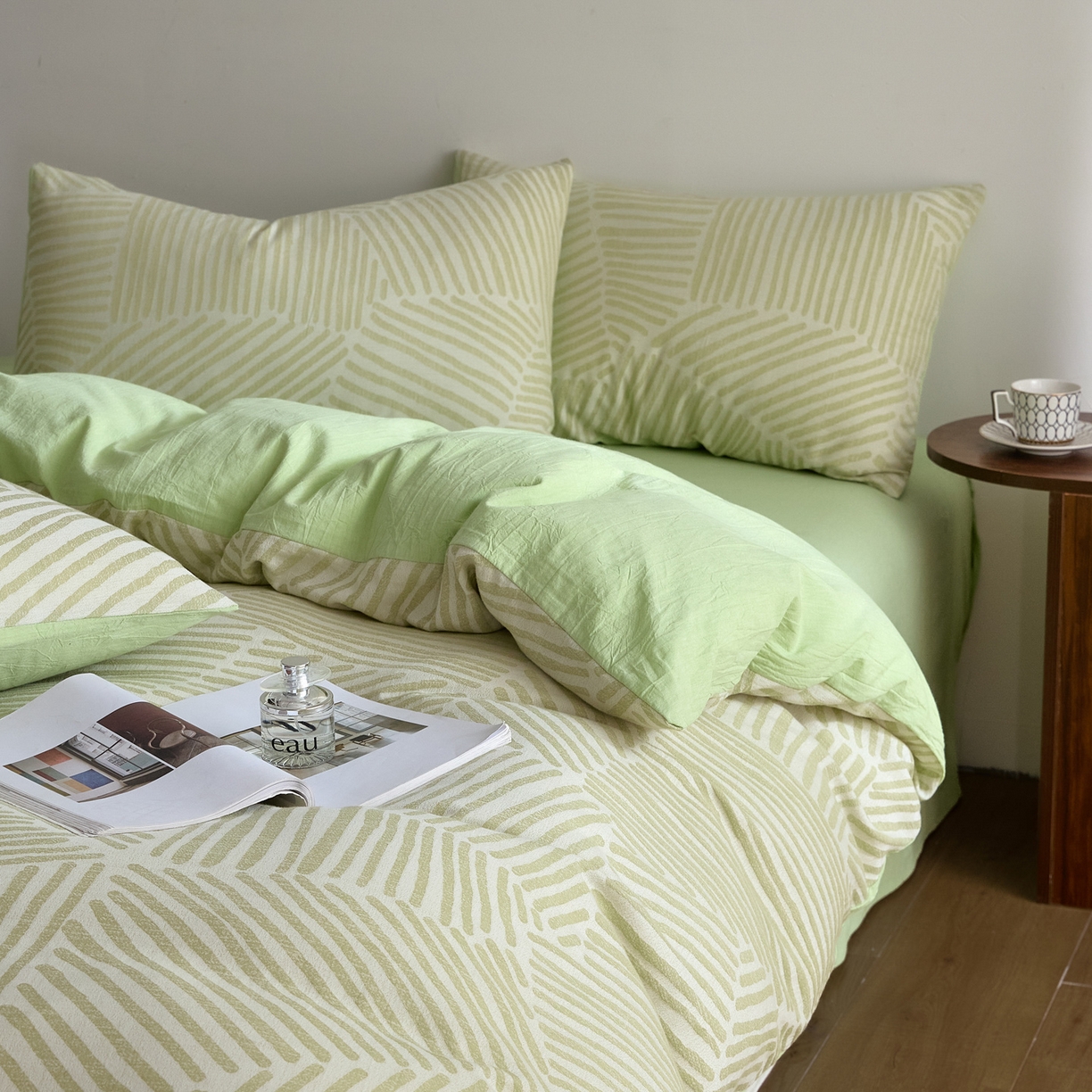 91家纺网 家纺一手货源 找家纺 如一 2026新款A类色织提花全棉双层纱水洗棉四件套 序章绿