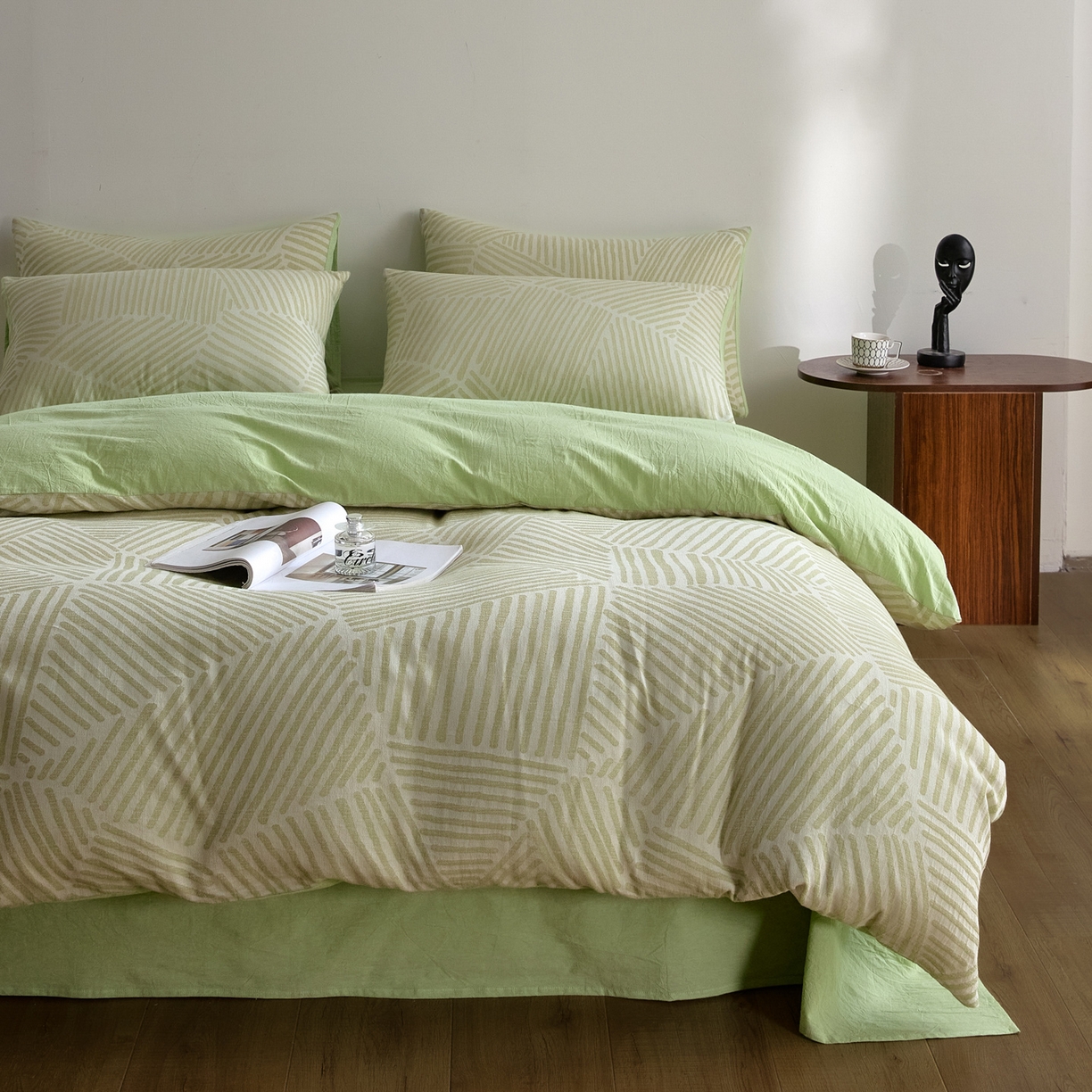 91家纺网 家纺一手货源 找家纺 如一 2026新款A类色织提花全棉双层纱水洗棉四件套 序章绿