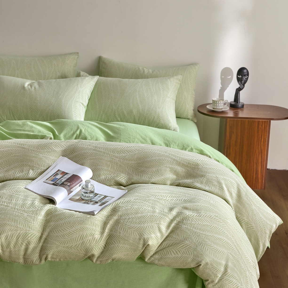 91家纺网 家纺一手货源 找家纺 如一 2026新款A类色织提花全棉双层纱水洗棉四件套 叶笙绿