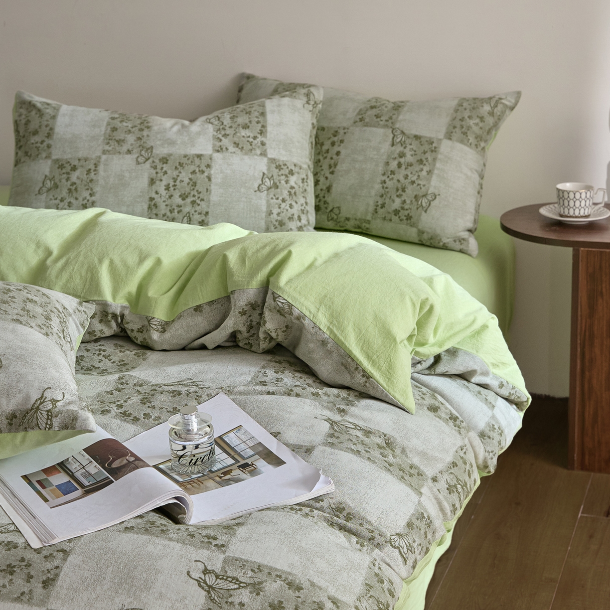 91家纺网 家纺一手货源 找家纺 如一 2026新款A类色织提花全棉双层纱水洗棉四件套 蝶漫绿