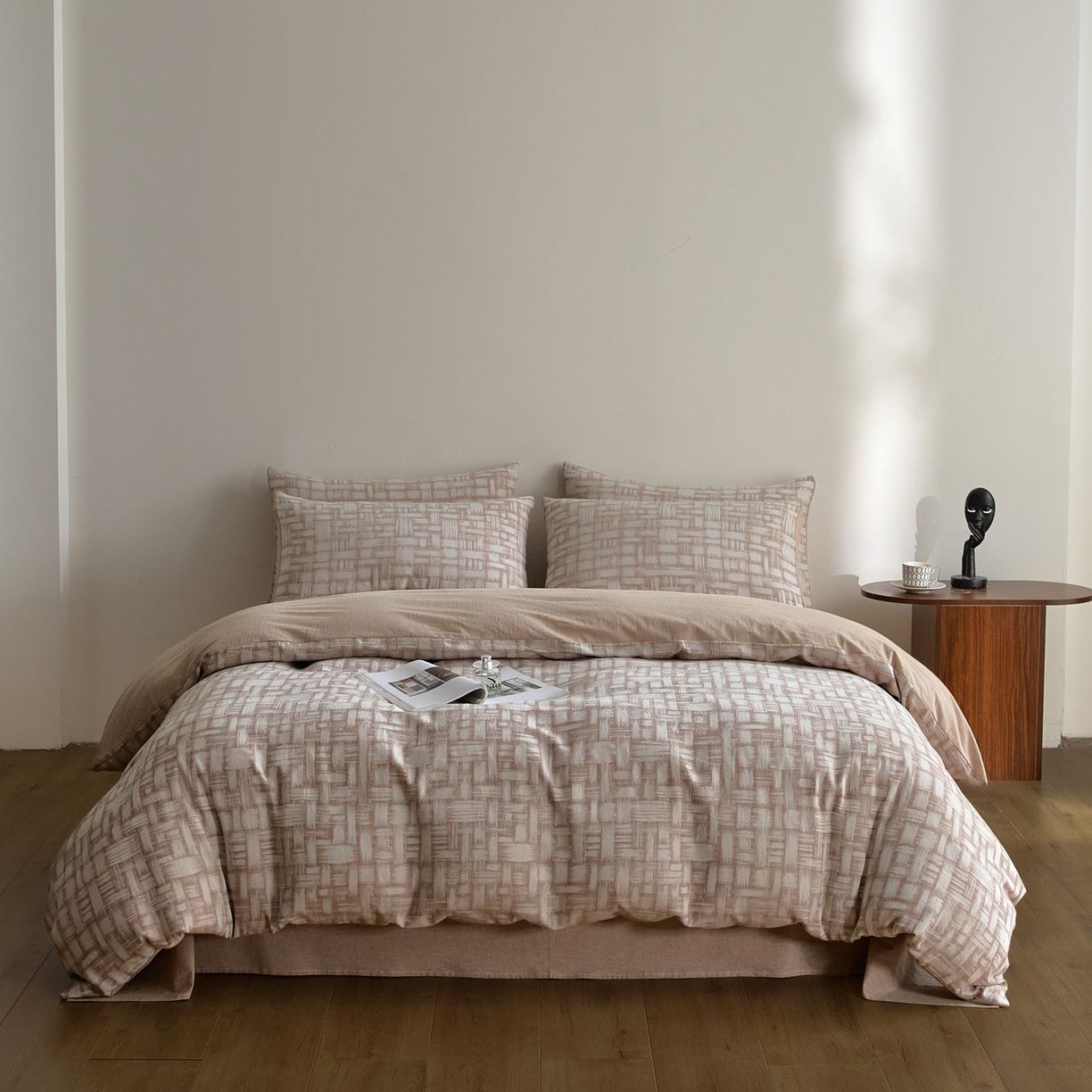 91家纺网 家纺一手货源 找家纺 如一 2026新款A类色织提花全棉双层纱水洗棉四件套 浮光咖