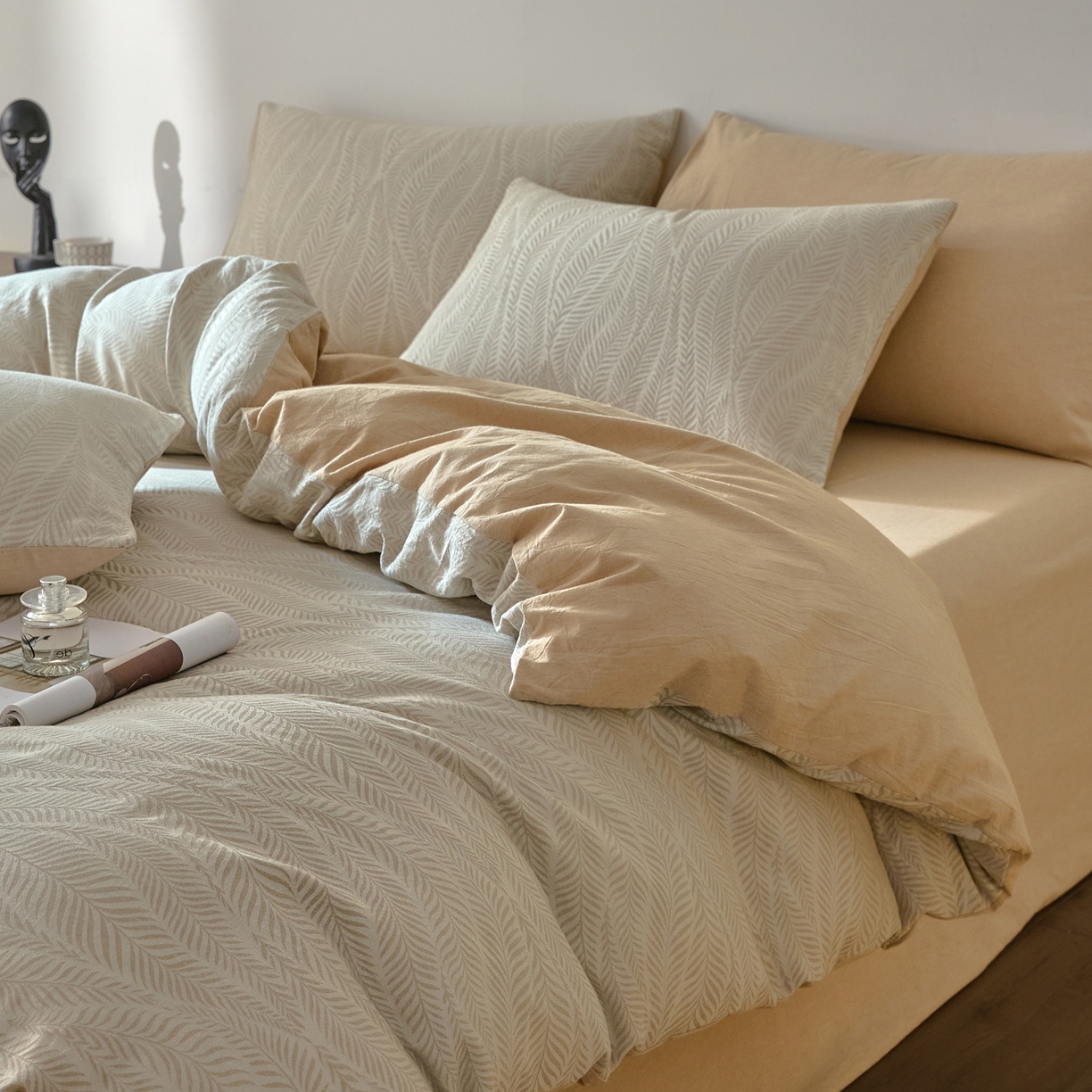 91家纺网 家纺一手货源 找家纺 如一 2026新款A类色织提花全棉双层纱水洗棉四件套 叶笙咖