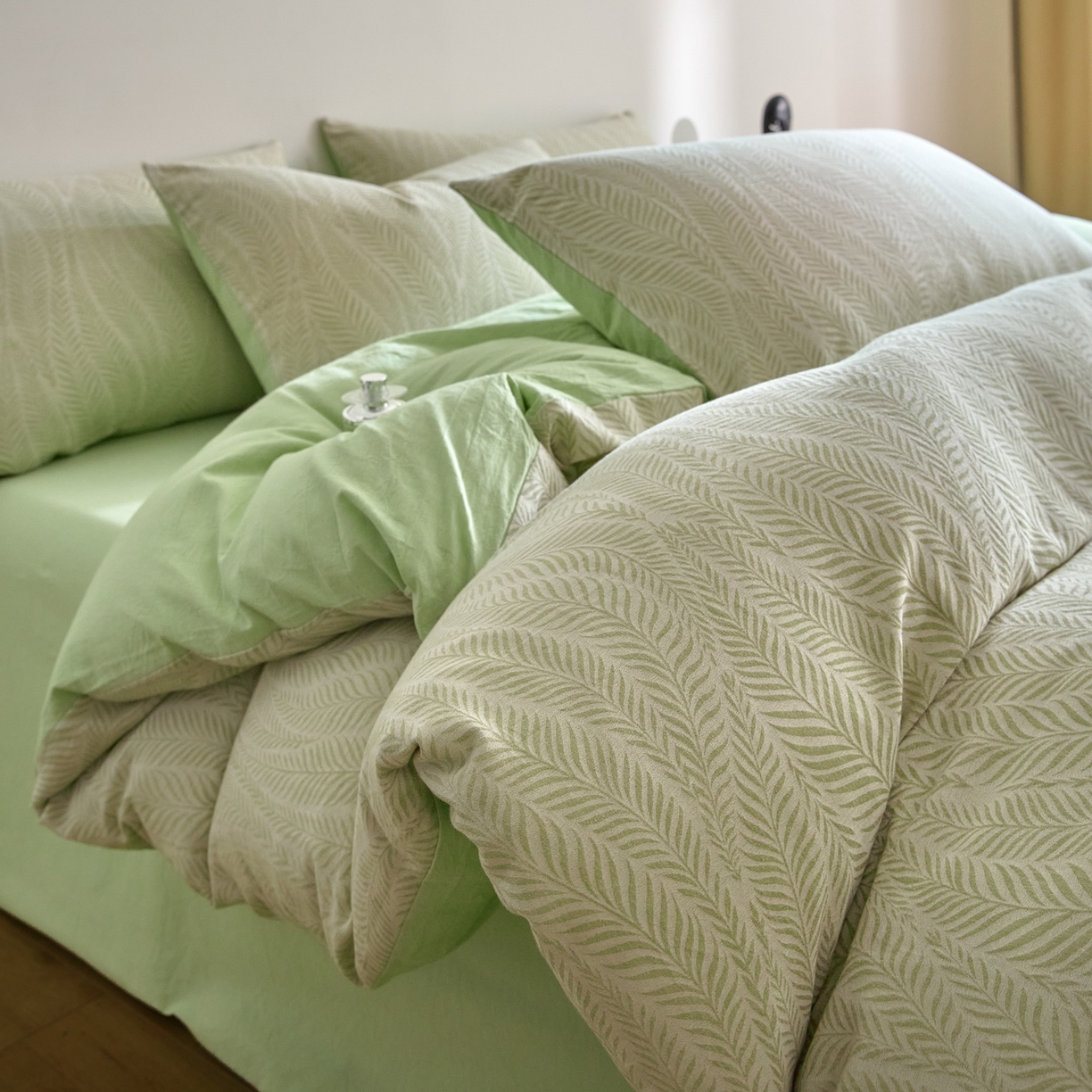 91家纺网 家纺一手货源 找家纺 如一 2026新款A类色织提花全棉双层纱水洗棉四件套 叶笙绿