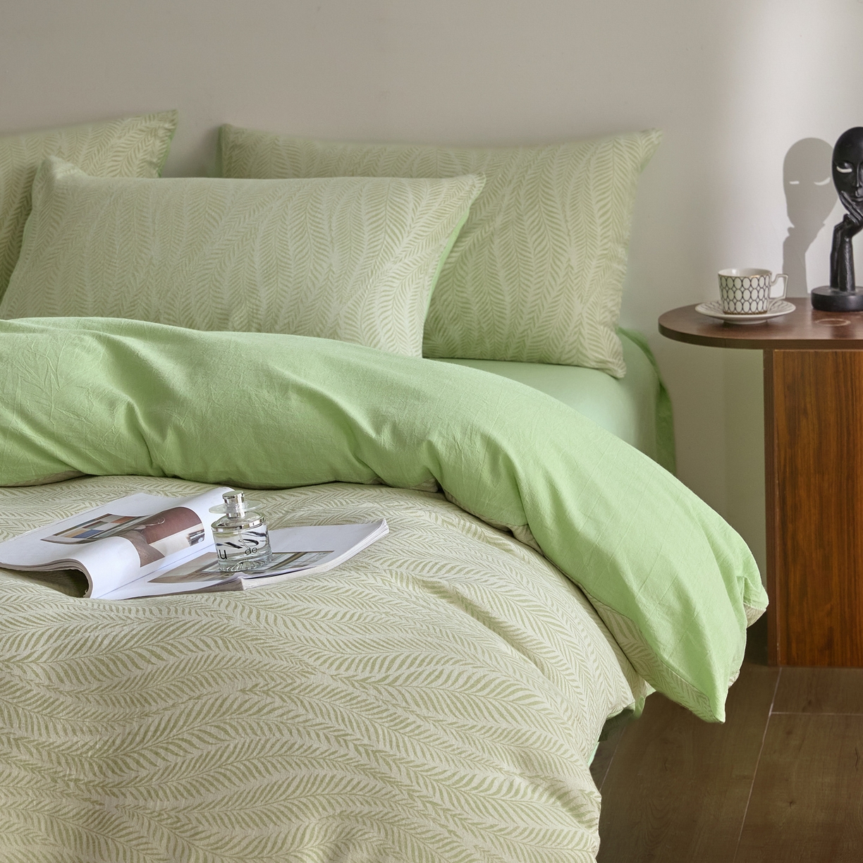 91家纺网 家纺一手货源 找家纺 如一 2026新款A类色织提花全棉双层纱水洗棉四件套 叶笙绿