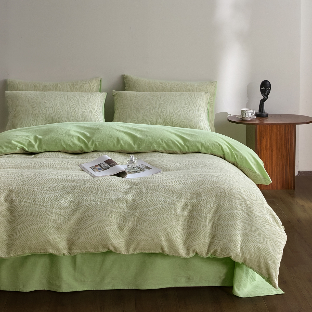 91家纺网 家纺一手货源 找家纺 如一 2026新款A类色织提花全棉双层纱水洗棉四件套 叶笙绿