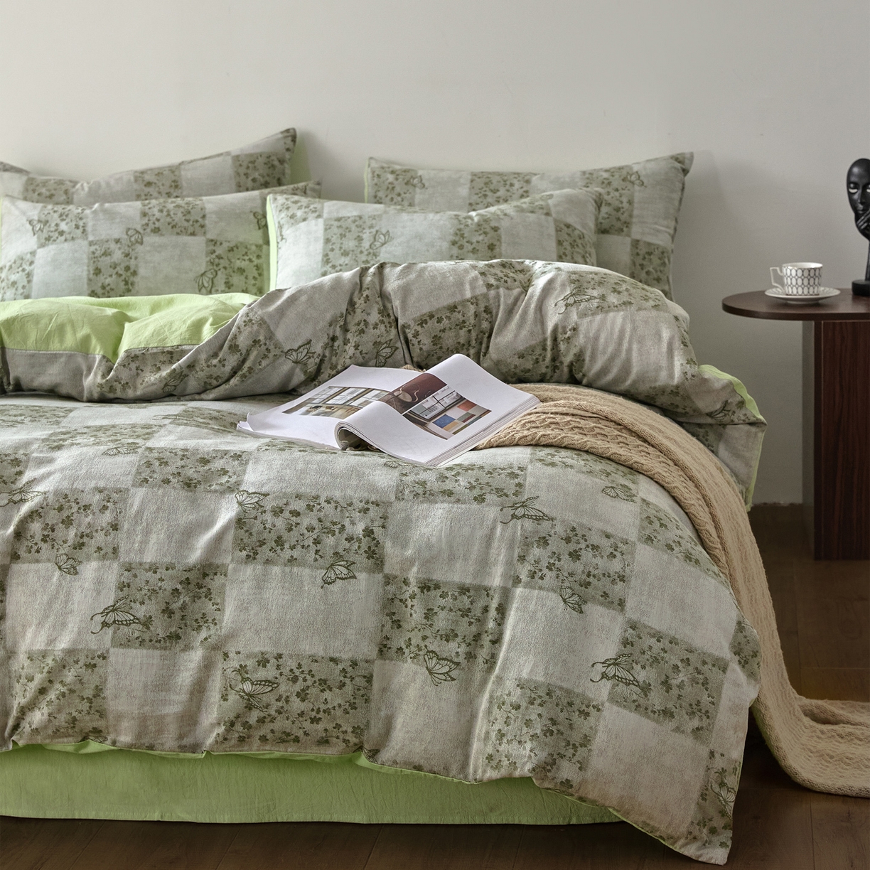 91家纺网 家纺一手货源 找家纺 如一 2026新款A类色织提花全棉双层纱水洗棉四件套 蝶漫绿