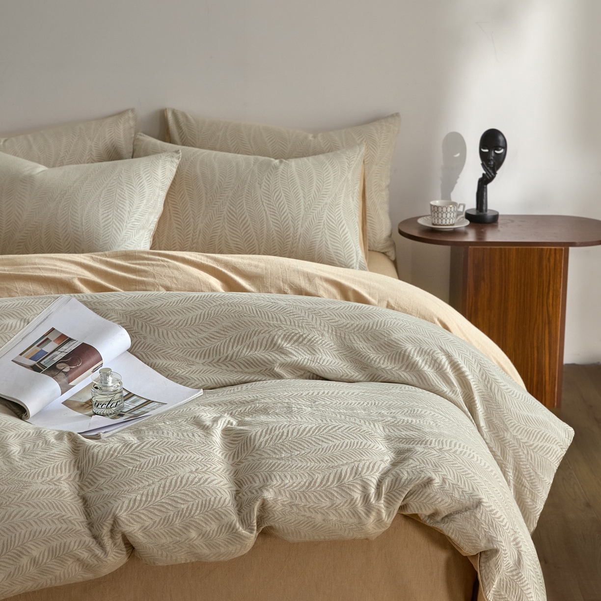 91家纺网 家纺一手货源 找家纺 如一 2026新款A类色织提花全棉双层纱水洗棉四件套 叶笙咖