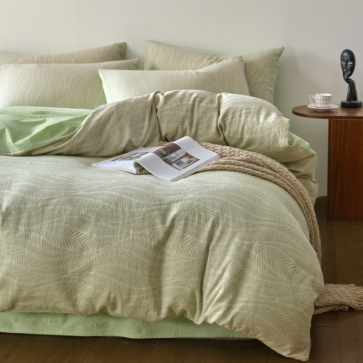 91家纺网 家纺一手货源 找家纺 如一 2026新款A类色织提花全棉双层纱水洗棉四件套 叶笙绿