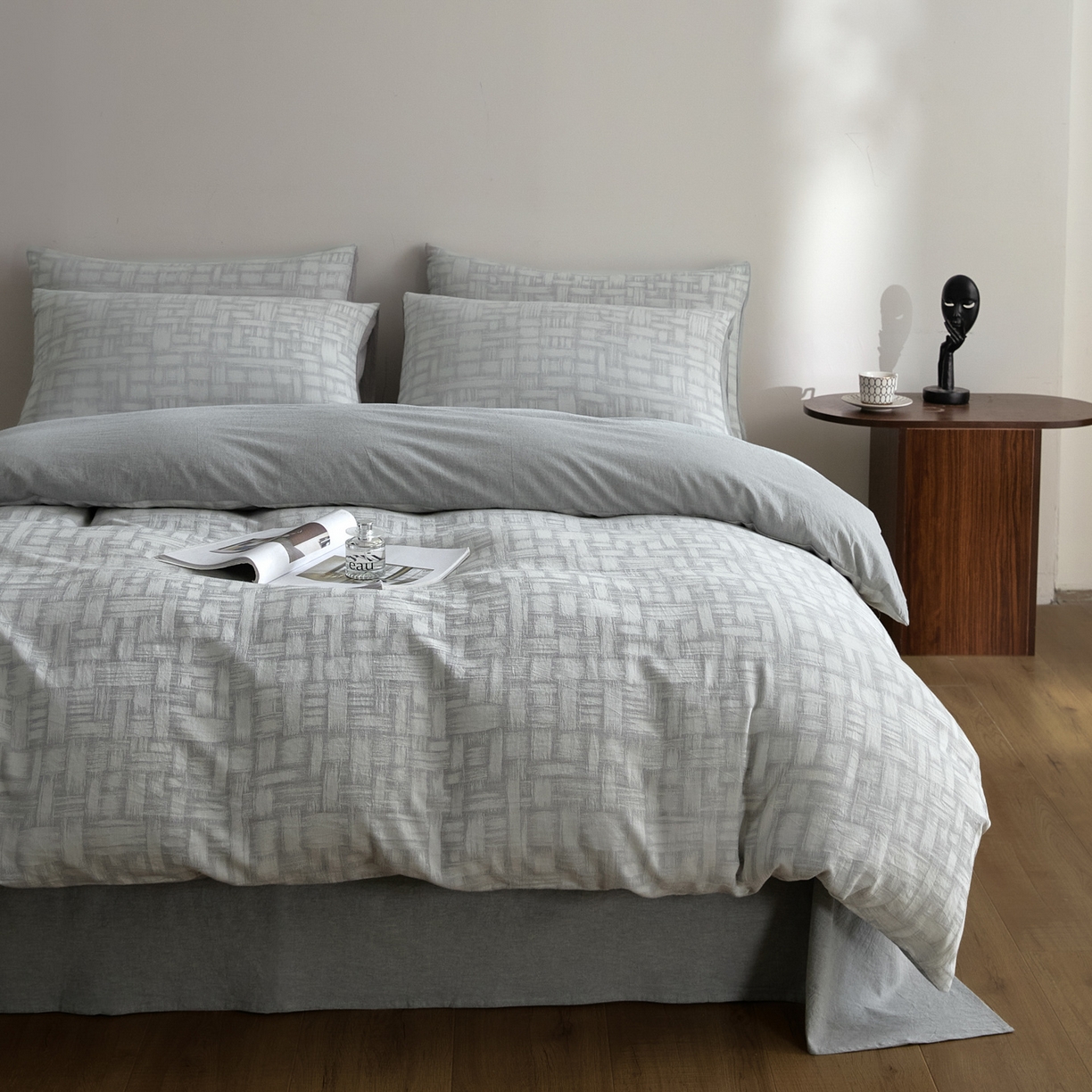 91家纺网 家纺一手货源 找家纺 如一 2026新款A类色织提花全棉双层纱水洗棉四件套 浮光灰