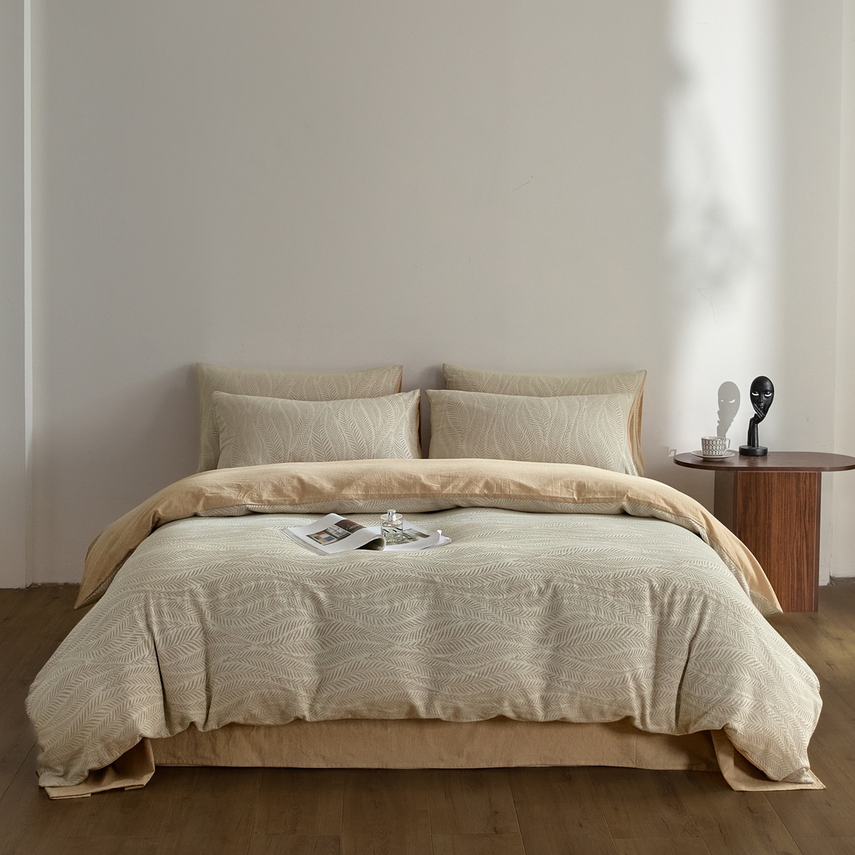 91家纺网 家纺一手货源 找家纺 如一 2026新款A类色织提花全棉双层纱水洗棉四件套 叶笙咖