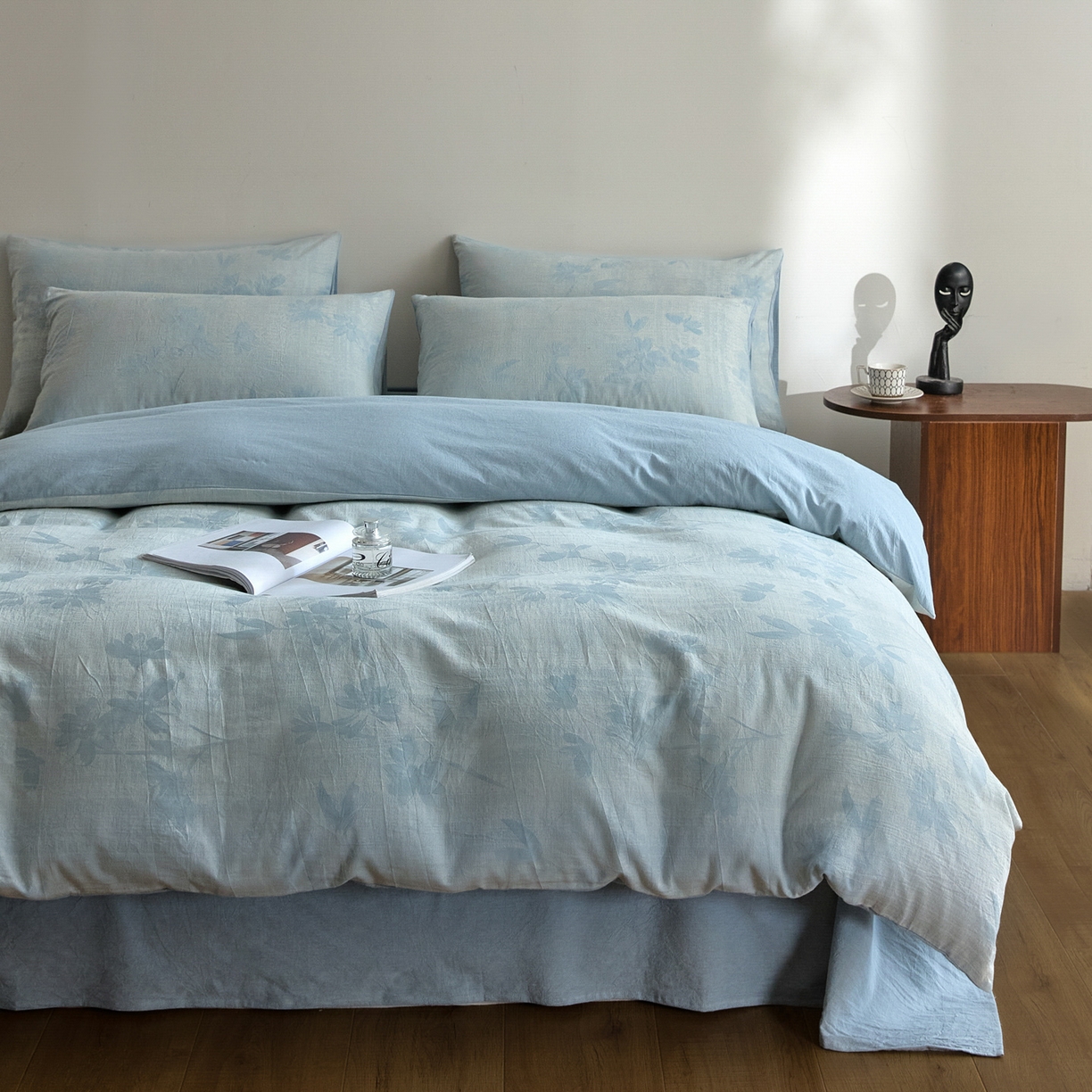 91家纺网 家纺一手货源 找家纺 如一 2026新款A类色织提花全棉双层纱水洗棉四件套 兰序蓝