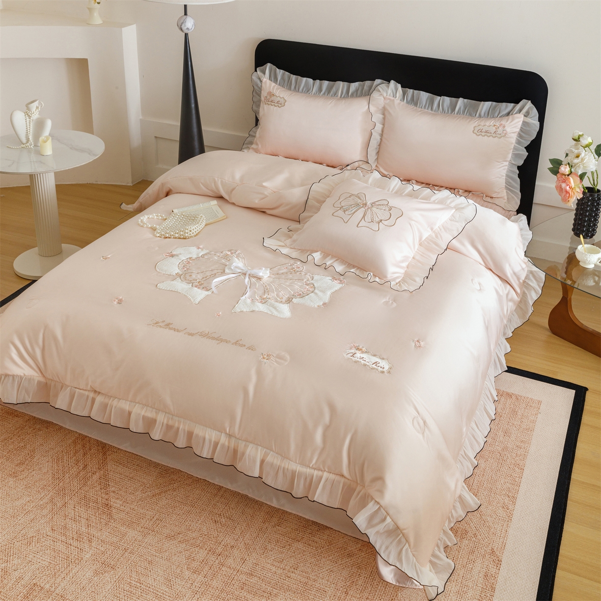 91家纺网 家纺一手货源 找家纺 优贝家纺 2026新款夏被韩版夏被四件套刺绣款直播热款 花仙子-粉