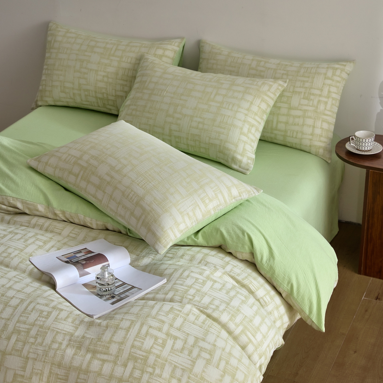 91家纺网 家纺一手货源 找家纺 如一 2026新款A类色织提花全棉双层纱水洗棉四件套 浮光绿