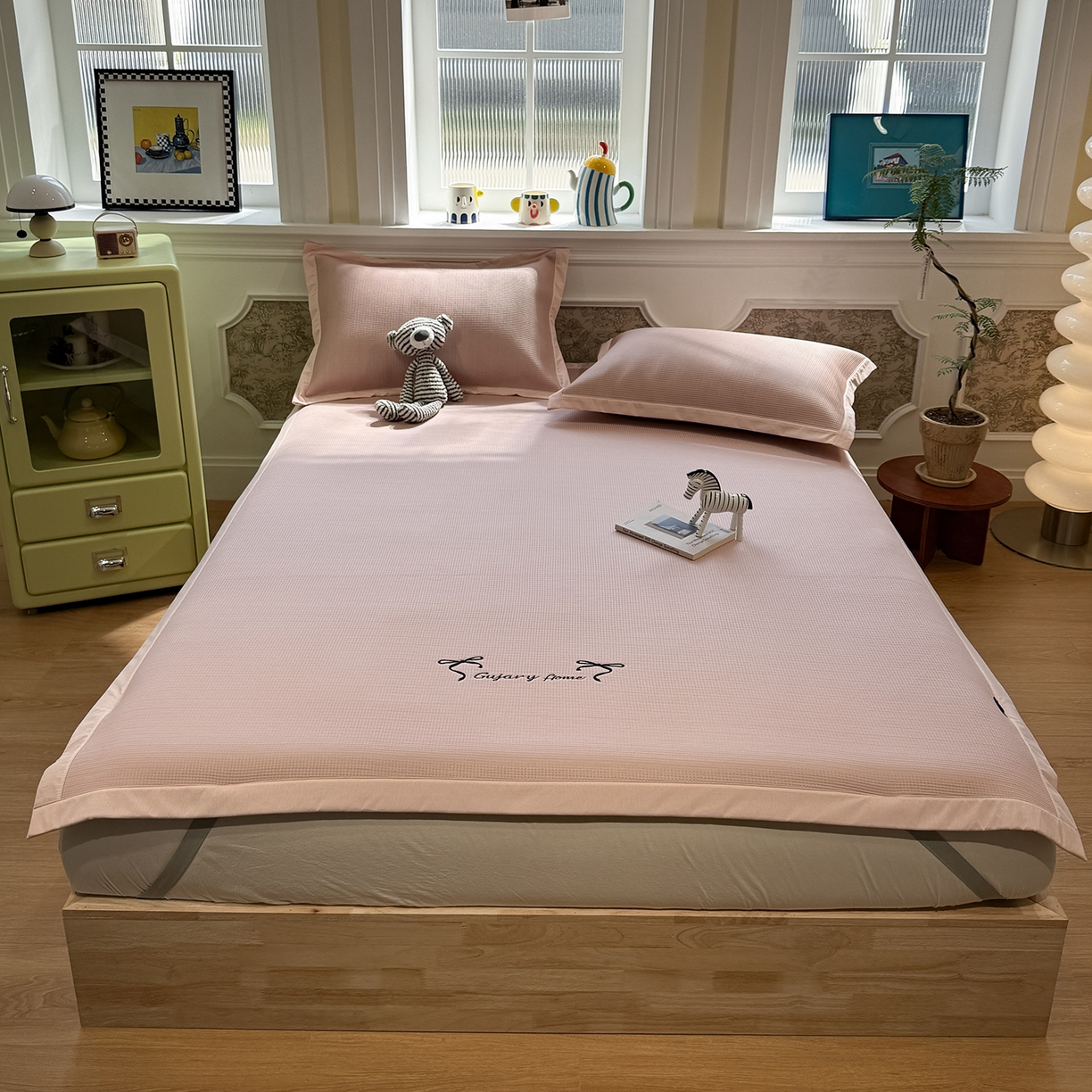 GUJARY古家丽 2026新款A类刺绣凉豆豆凉席miumiu风绣蝴蝶结 少女粉