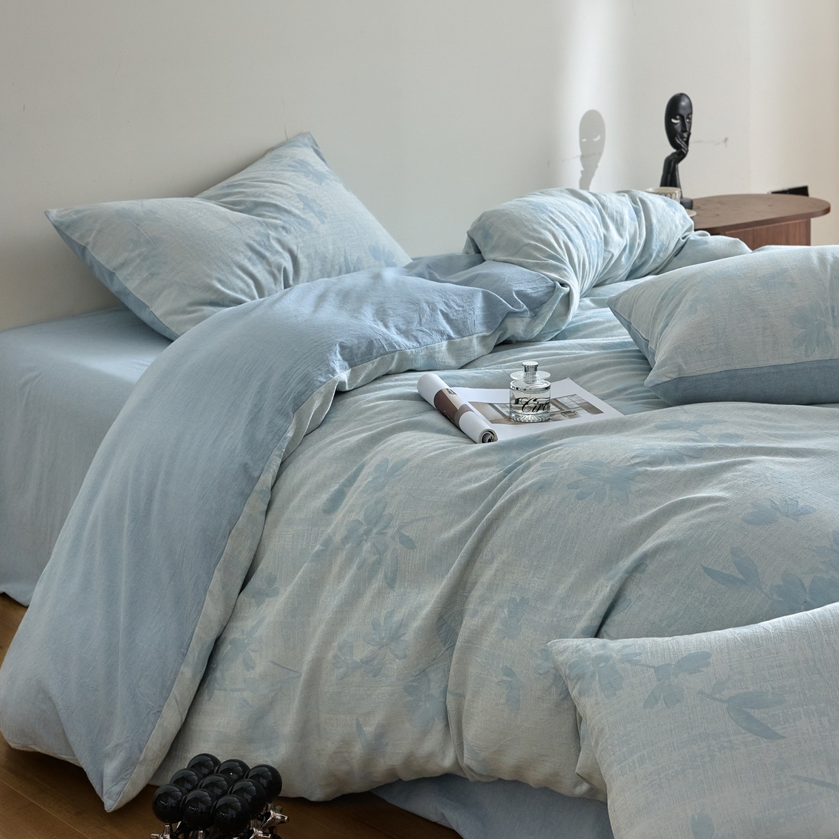 91家纺网 家纺一手货源 找家纺 如一 2026新款A类色织提花全棉双层纱水洗棉四件套 兰序蓝