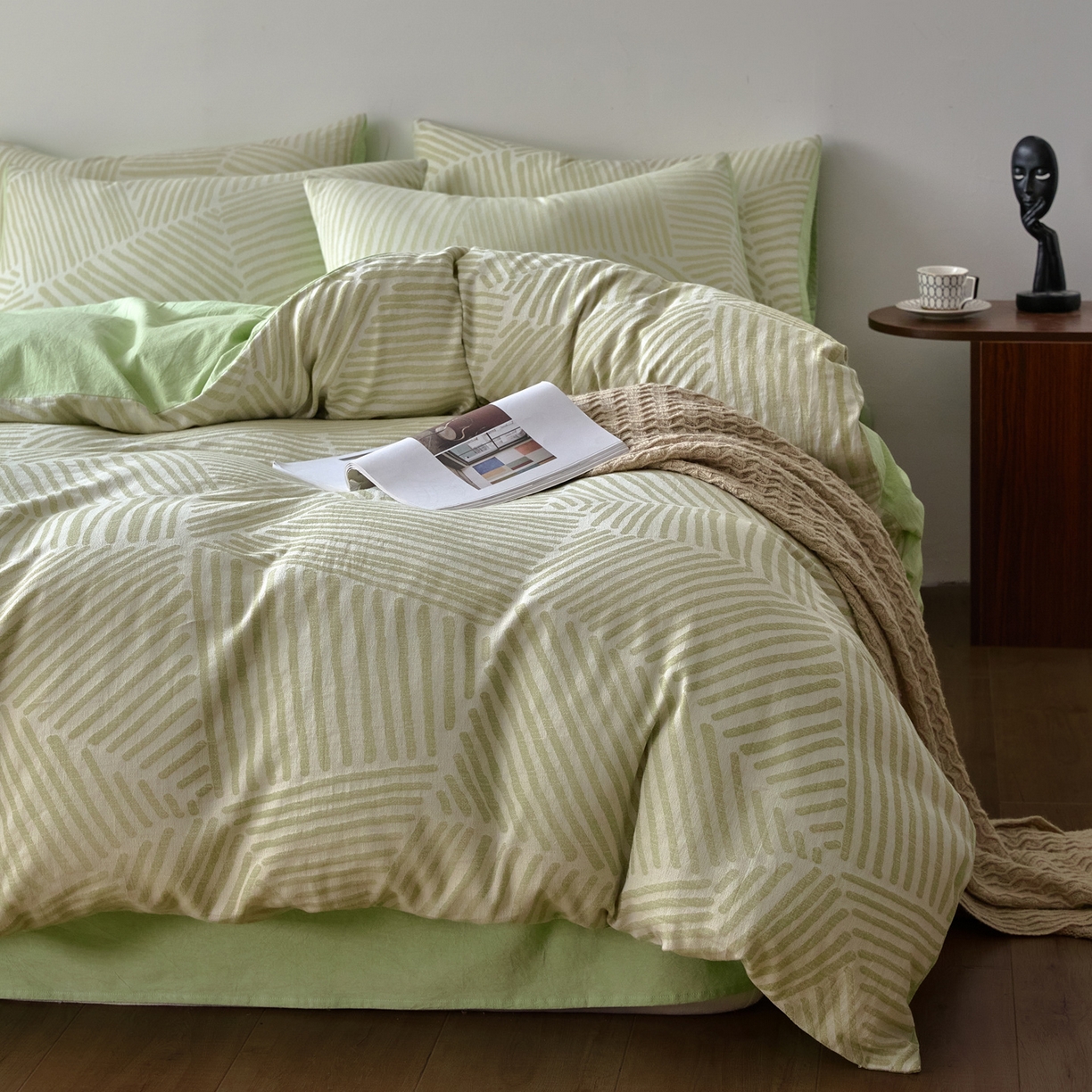 91家纺网 家纺一手货源 找家纺 如一 2026新款A类色织提花全棉双层纱水洗棉四件套 序章绿