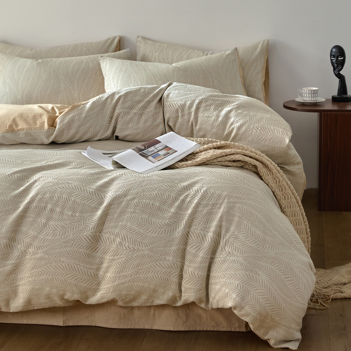 91家纺网 家纺一手货源 找家纺 如一 2026新款A类色织提花全棉双层纱水洗棉四件套 叶笙咖