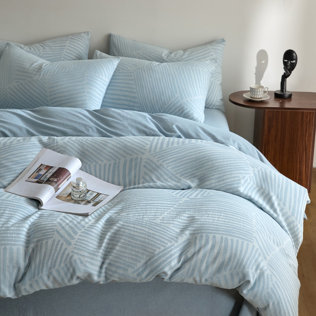 91家纺网 家纺一手货源 找家纺 如一 2026新款A类色织提花全棉双层纱水洗棉四件套 序章蓝