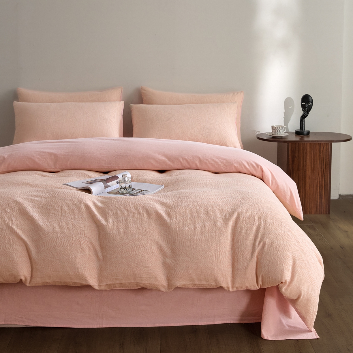 91家纺网 家纺一手货源 找家纺 如一 2026新款A类色织提花全棉双层纱水洗棉四件套 叶笙粉