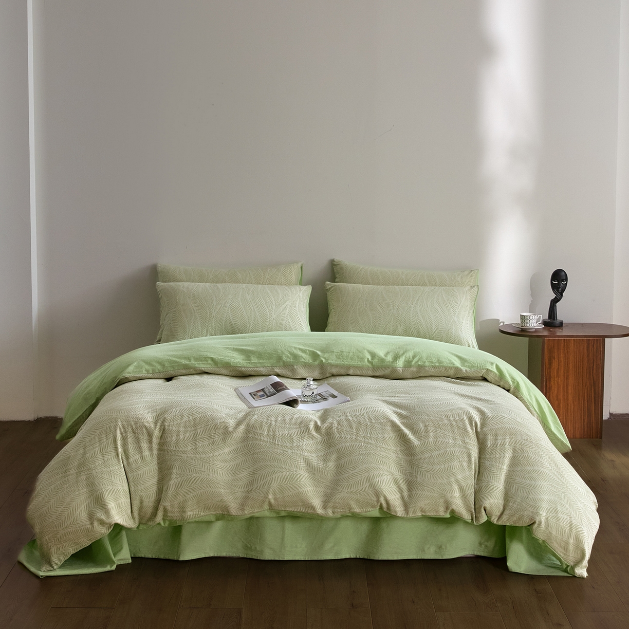 91家纺网 家纺一手货源 找家纺 如一 2026新款A类色织提花全棉双层纱水洗棉四件套 叶笙绿