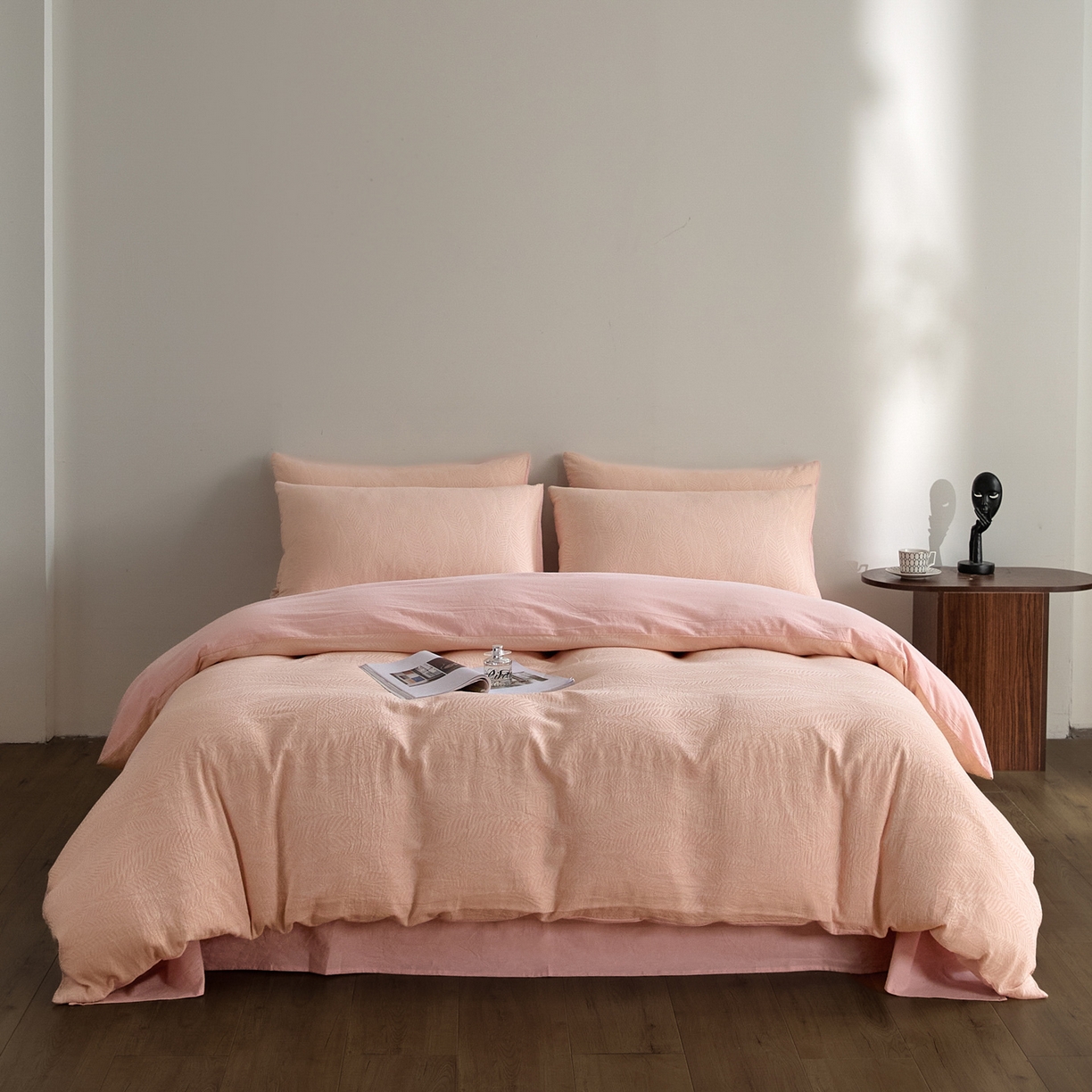 91家纺网 家纺一手货源 找家纺 如一 2026新款A类色织提花全棉双层纱水洗棉四件套 叶笙粉