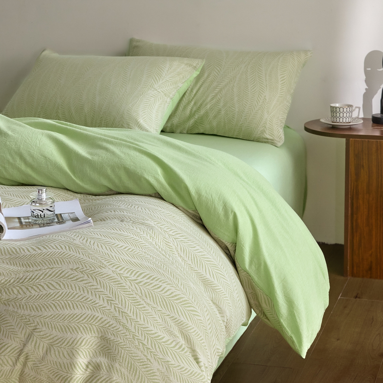 91家纺网 家纺一手货源 找家纺 如一 2026新款A类色织提花全棉双层纱水洗棉四件套 叶笙绿