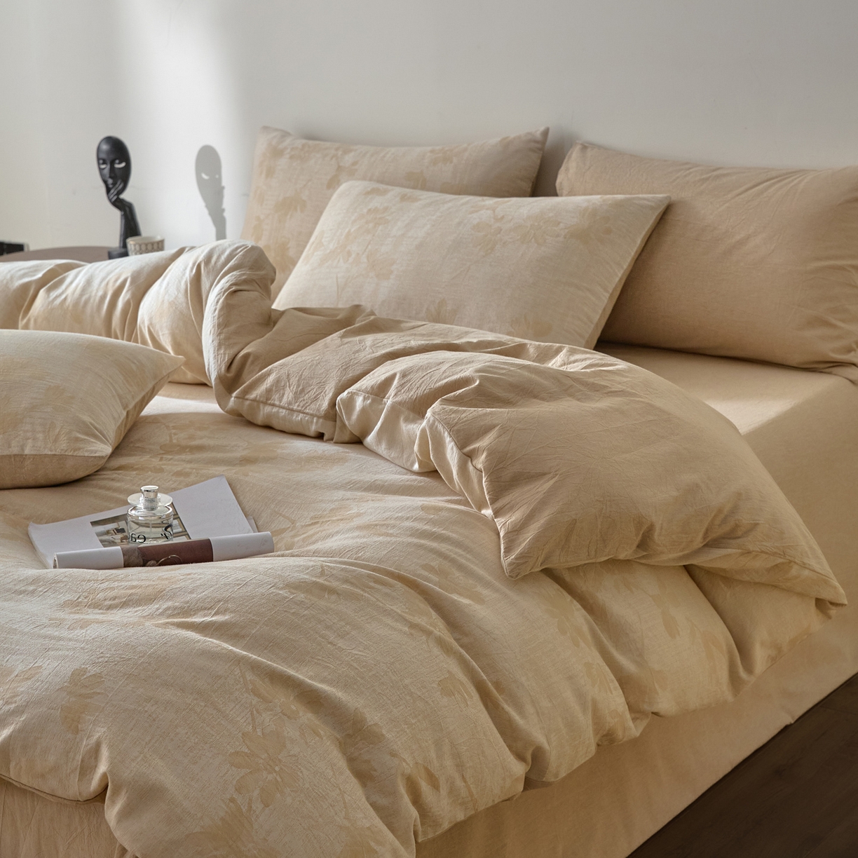 91家纺网 家纺一手货源 找家纺 如一 2026新款A类色织提花全棉双层纱水洗棉四件套 兰序咖