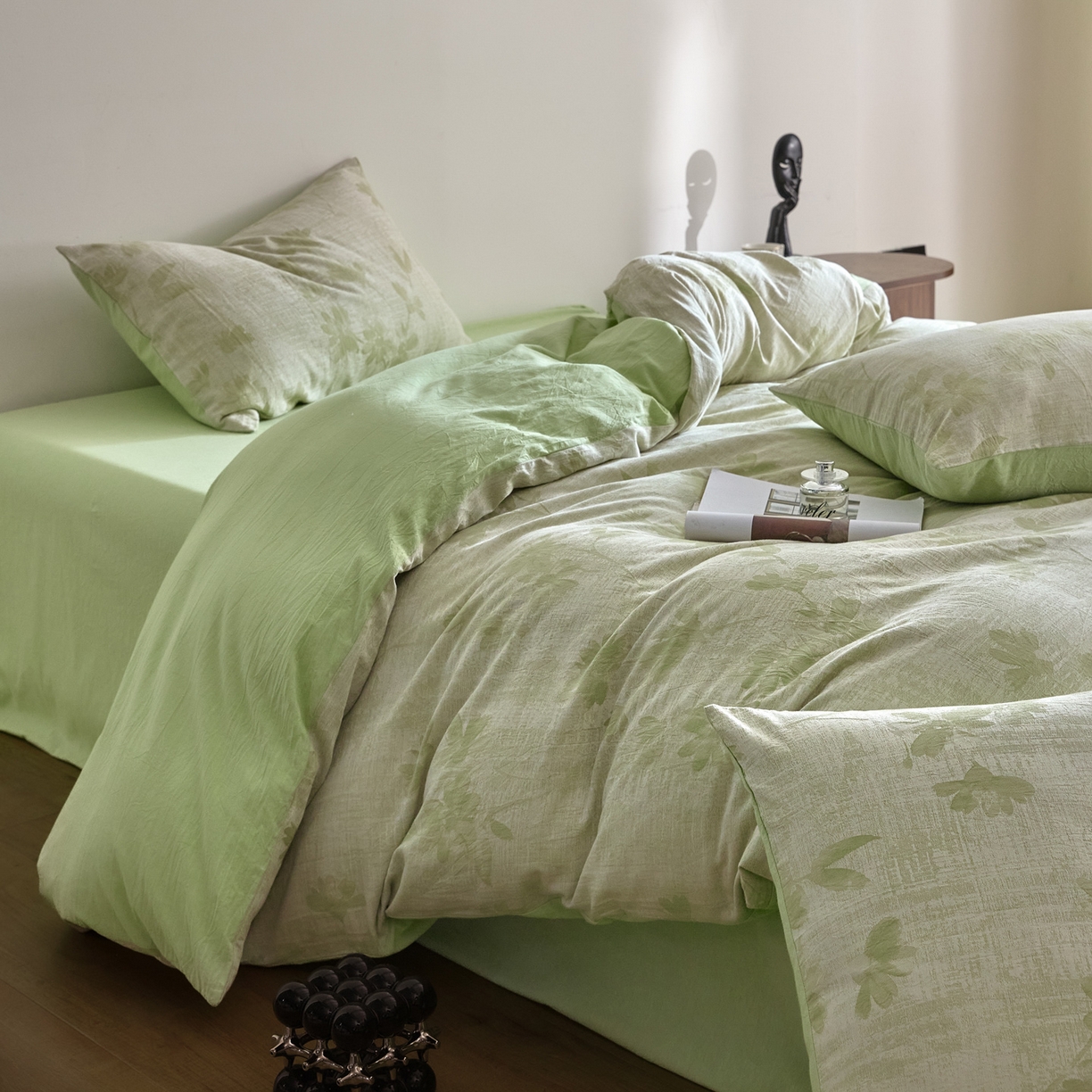 91家纺网 家纺一手货源 找家纺 如一 2026新款A类色织提花全棉双层纱水洗棉四件套 兰序绿