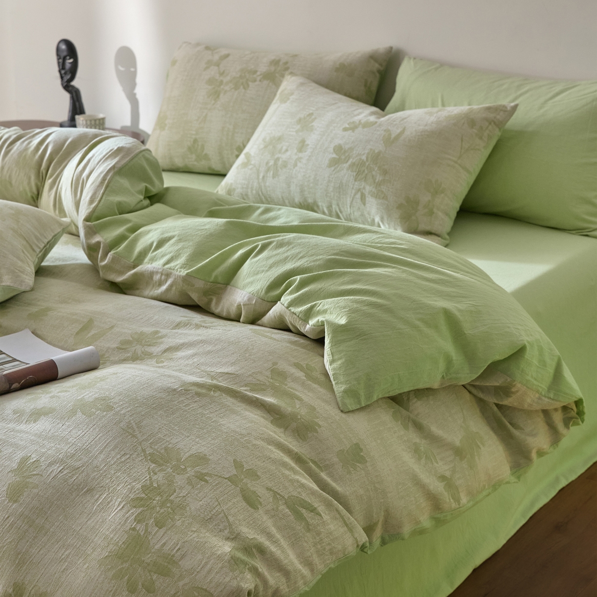 如一 2026新款A类色织提花全棉双层纱水洗棉四件套 兰序绿