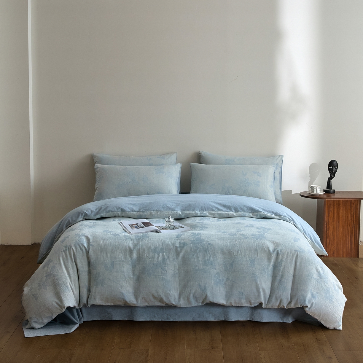 91家纺网 家纺一手货源 找家纺 如一 2026新款A类色织提花全棉双层纱水洗棉四件套 兰序蓝