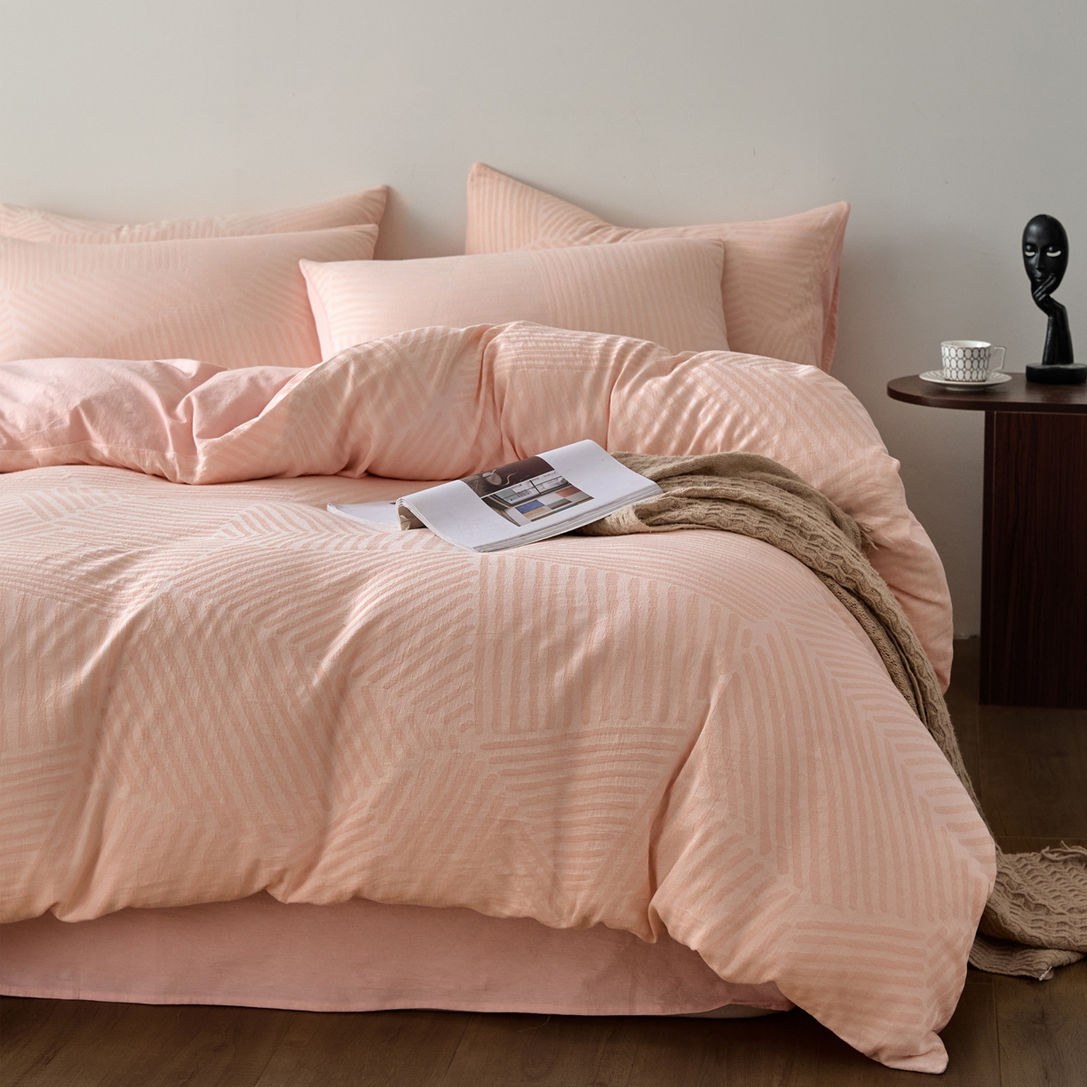 91家纺网 家纺一手货源 找家纺 如一 2026新款A类色织提花全棉双层纱水洗棉四件套 序章粉