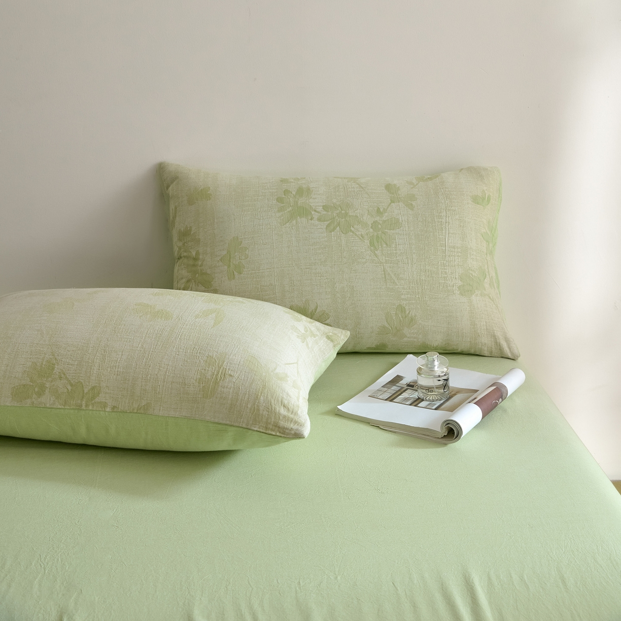 91家纺网 家纺一手货源 找家纺 如一 2026新款A类色织提花全棉双层纱水洗棉四件套 兰序绿