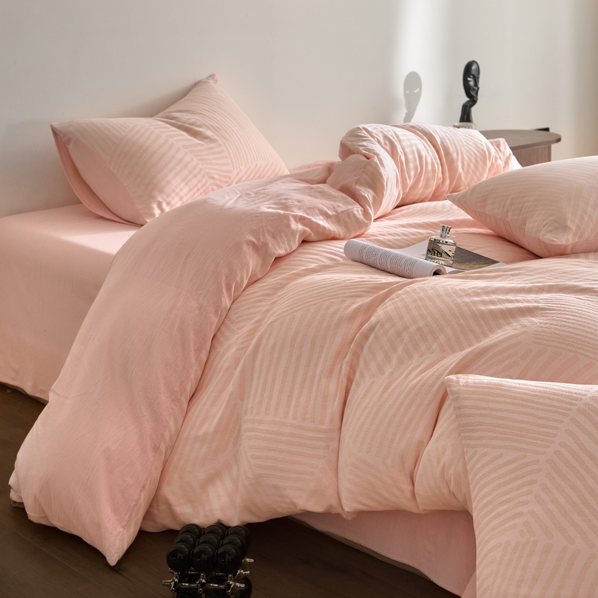 91家纺网 家纺一手货源 找家纺 如一 2026新款A类色织提花全棉双层纱水洗棉四件套 序章粉