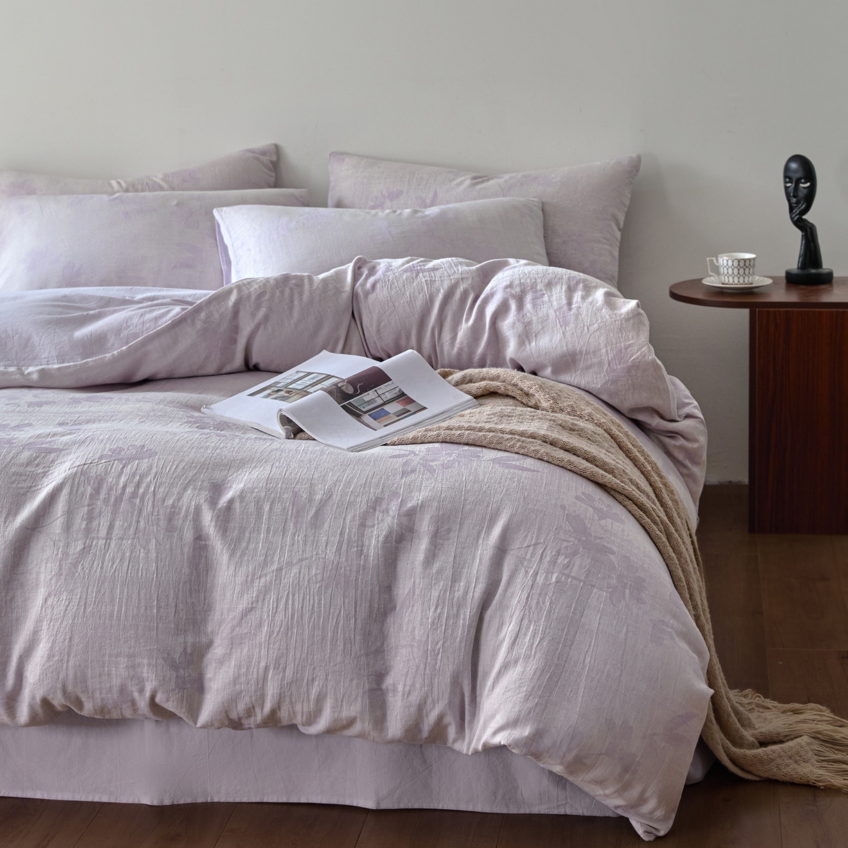 91家纺网 家纺一手货源 找家纺 如一 2026新款A类色织提花全棉双层纱水洗棉四件套 兰序紫