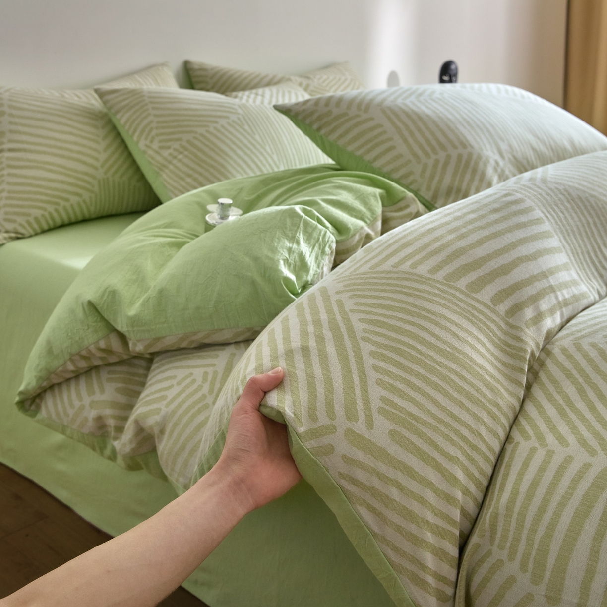 91家纺网 家纺一手货源 找家纺 如一 2026新款A类色织提花全棉双层纱水洗棉四件套 序章绿