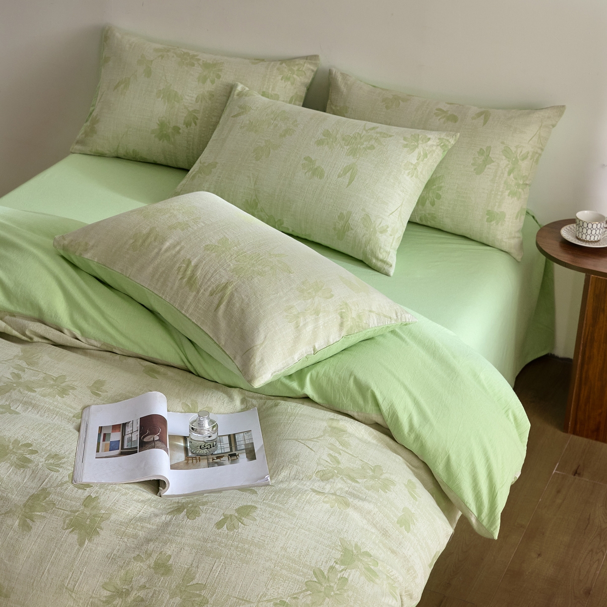 91家纺网 家纺一手货源 找家纺 如一 2026新款A类色织提花全棉双层纱水洗棉四件套 兰序绿