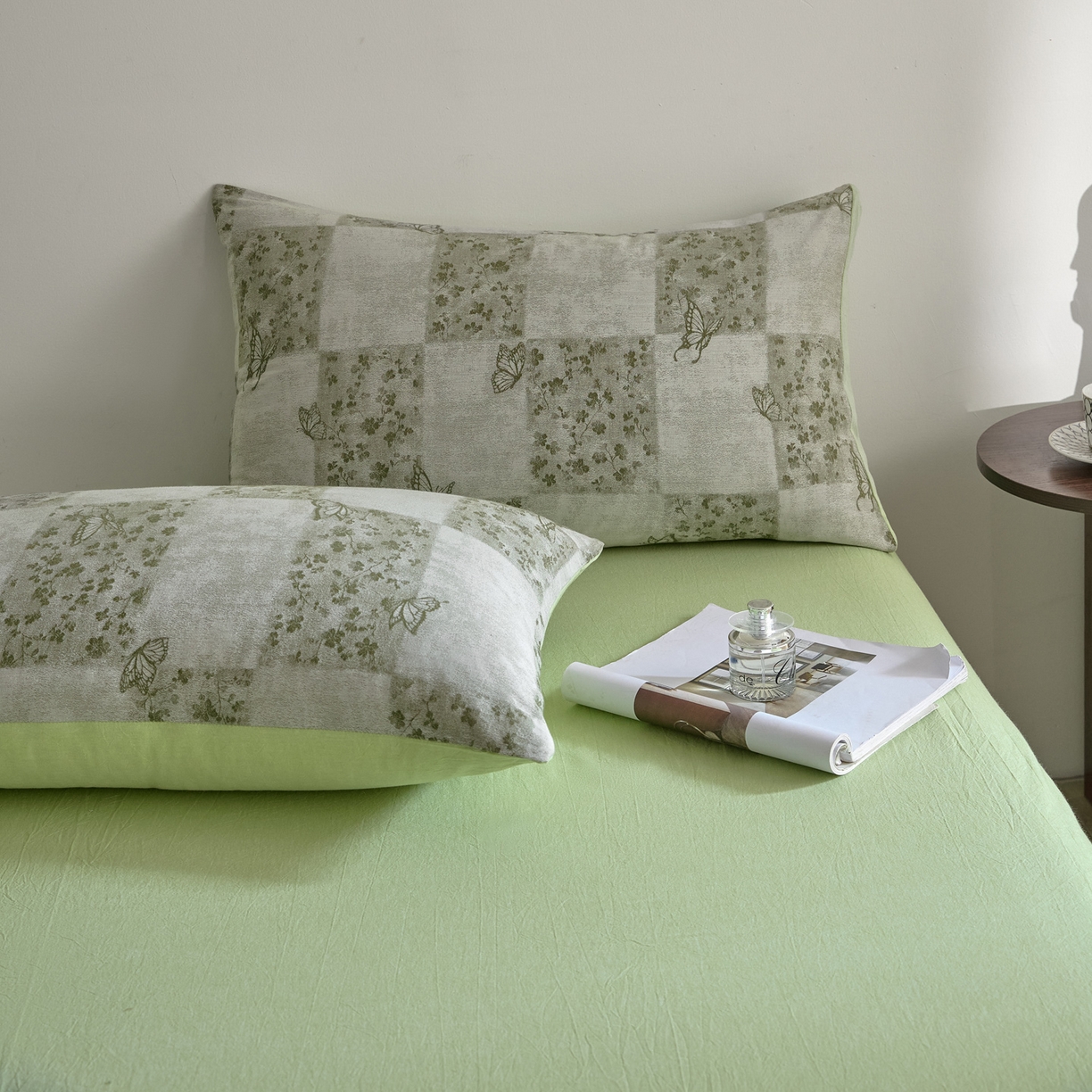 91家纺网 家纺一手货源 找家纺 如一 2026新款A类色织提花全棉双层纱水洗棉四件套 蝶漫绿