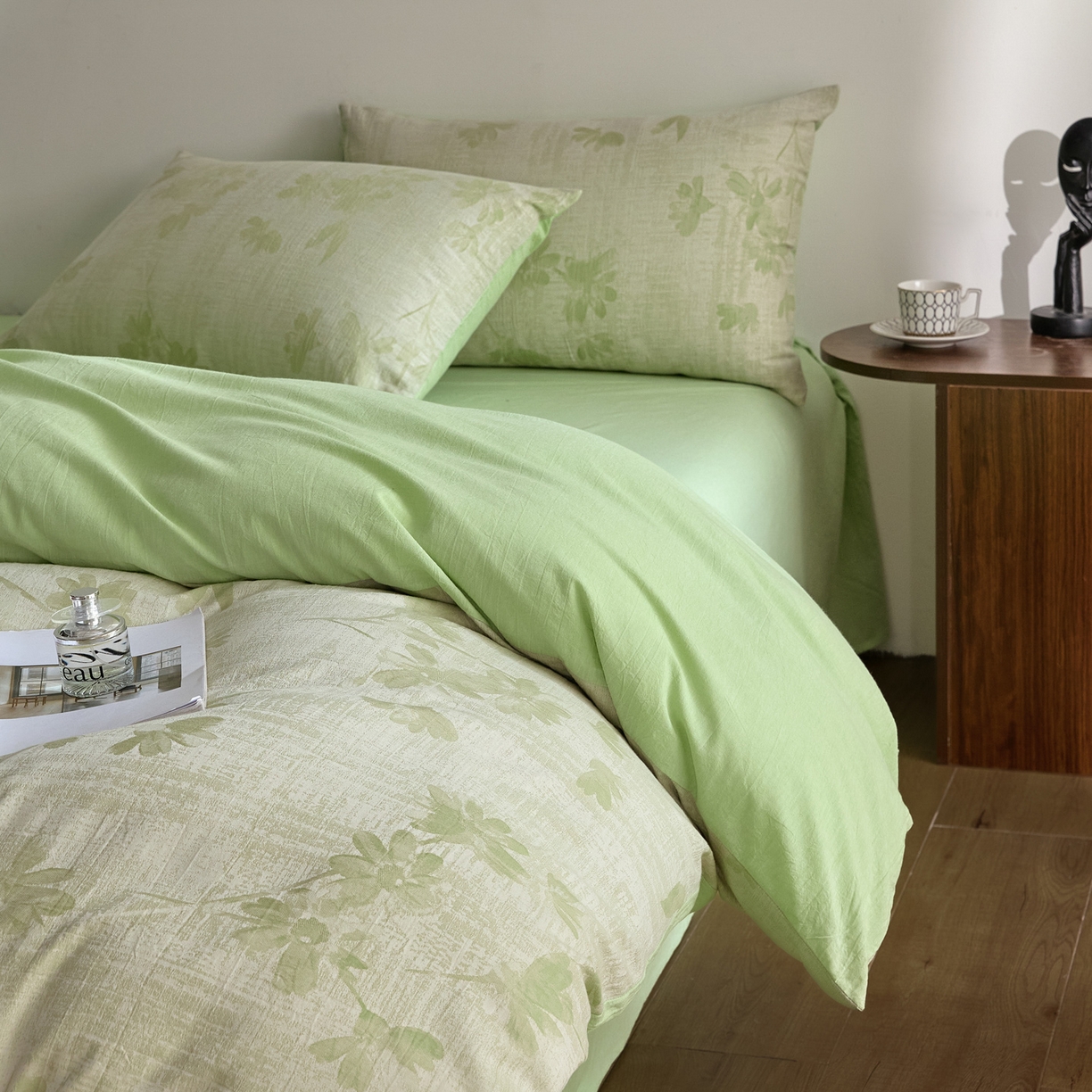 91家纺网 家纺一手货源 找家纺 如一 2026新款A类色织提花全棉双层纱水洗棉四件套 兰序绿