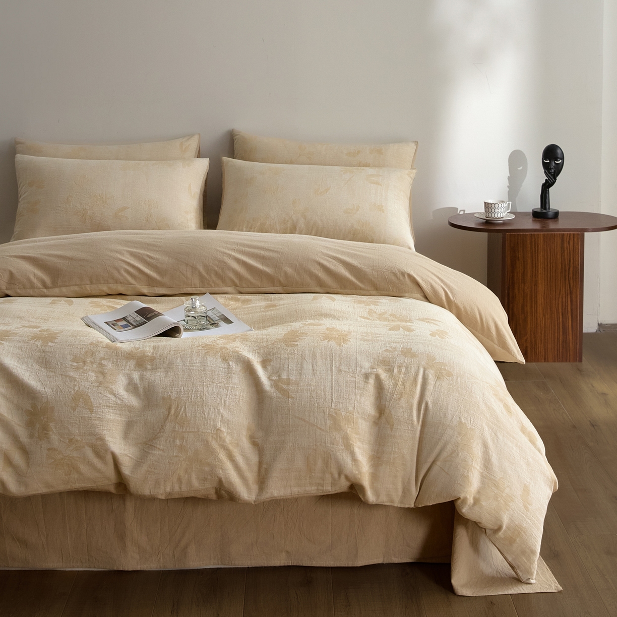 91家纺网 家纺一手货源 找家纺 如一 2026新款A类色织提花全棉双层纱水洗棉四件套 兰序咖