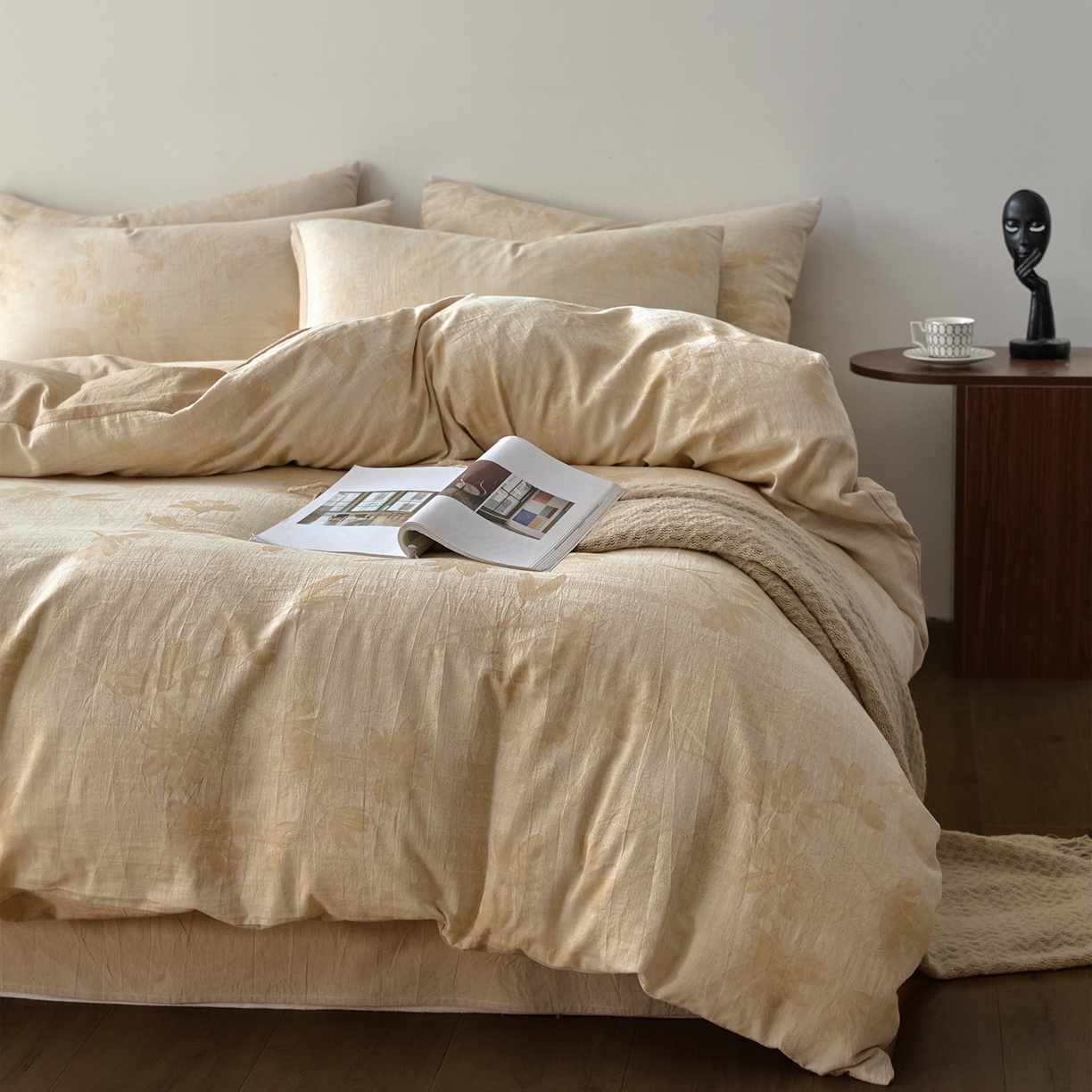 91家纺网 家纺一手货源 找家纺 如一 2026新款A类色织提花全棉双层纱水洗棉四件套 兰序咖