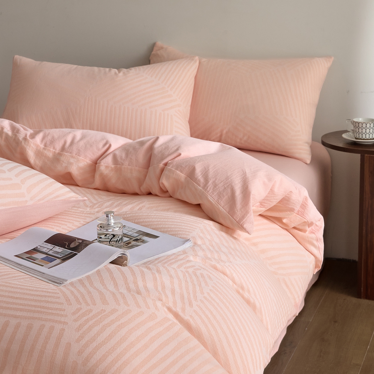 91家纺网 家纺一手货源 找家纺 如一 2026新款A类色织提花全棉双层纱水洗棉四件套 序章粉