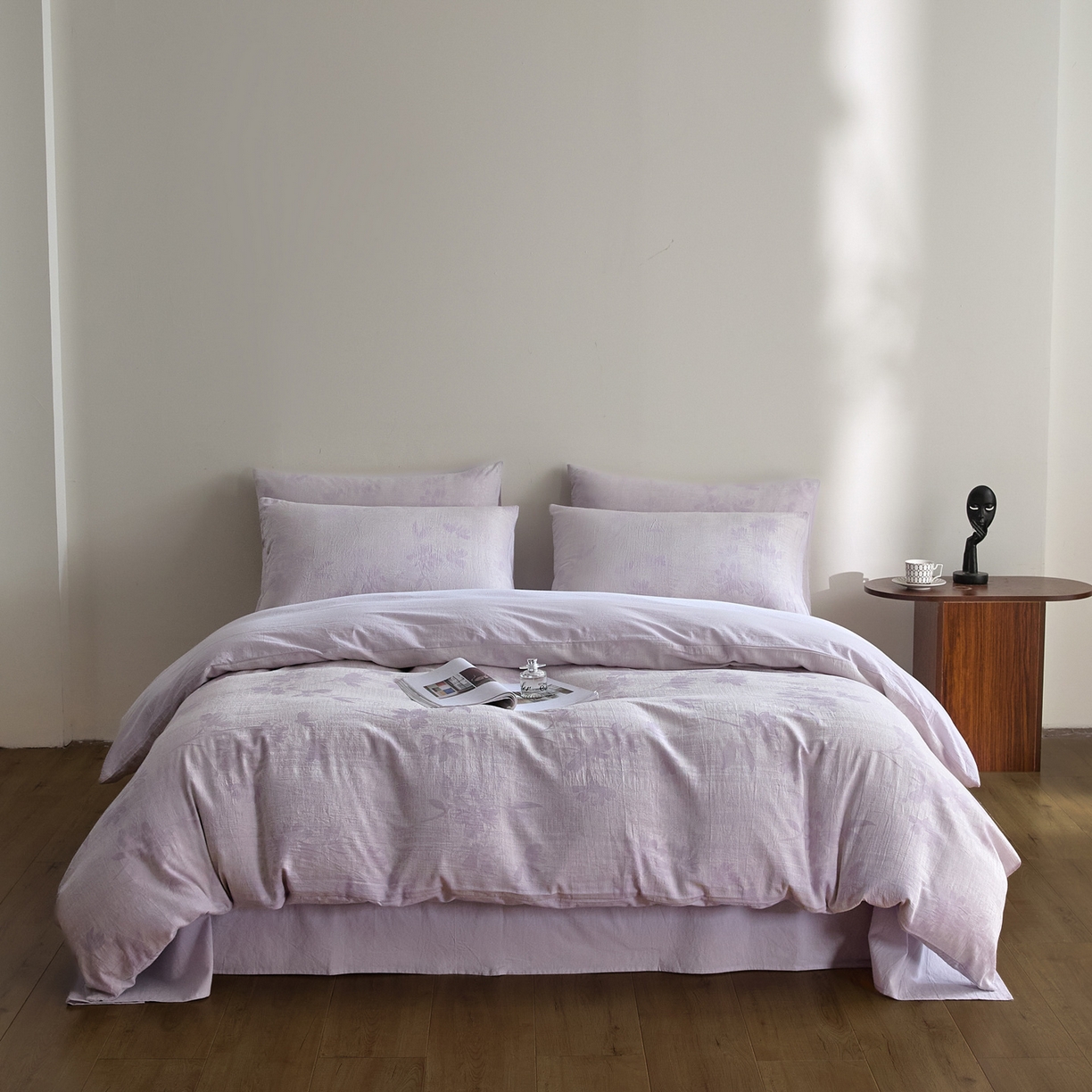 91家纺网 家纺一手货源 找家纺 如一 2026新款A类色织提花全棉双层纱水洗棉四件套 兰序紫