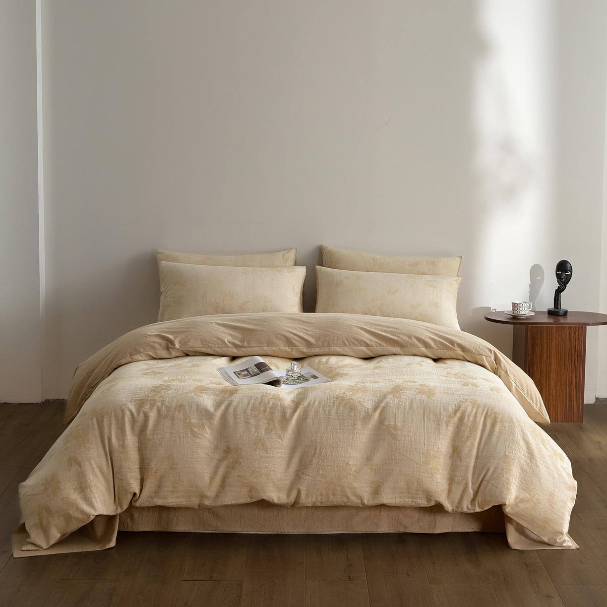 91家纺网 家纺一手货源 找家纺 如一 2026新款A类色织提花全棉双层纱水洗棉四件套 兰序咖