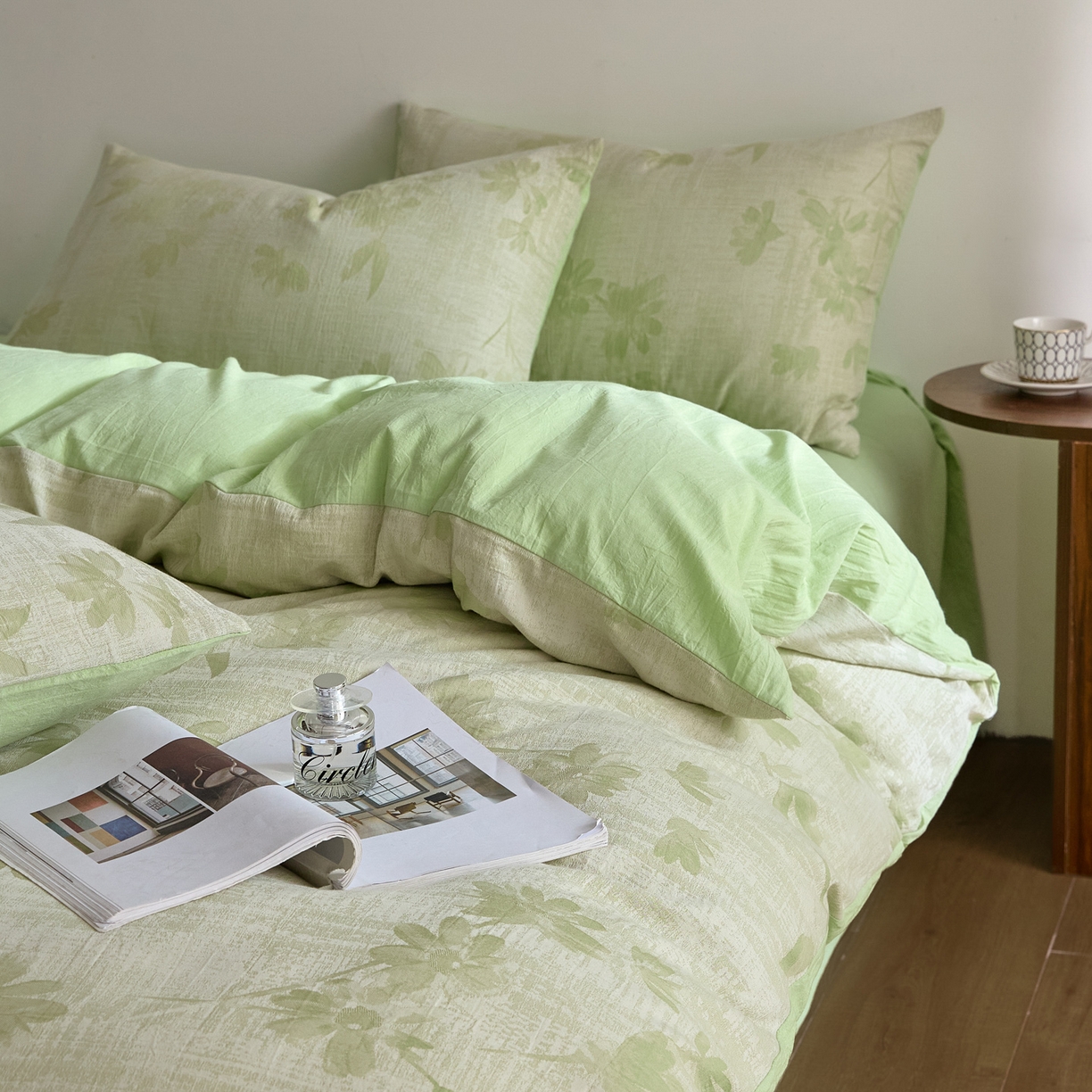 91家纺网 家纺一手货源 找家纺 如一 2026新款A类色织提花全棉双层纱水洗棉四件套 兰序绿