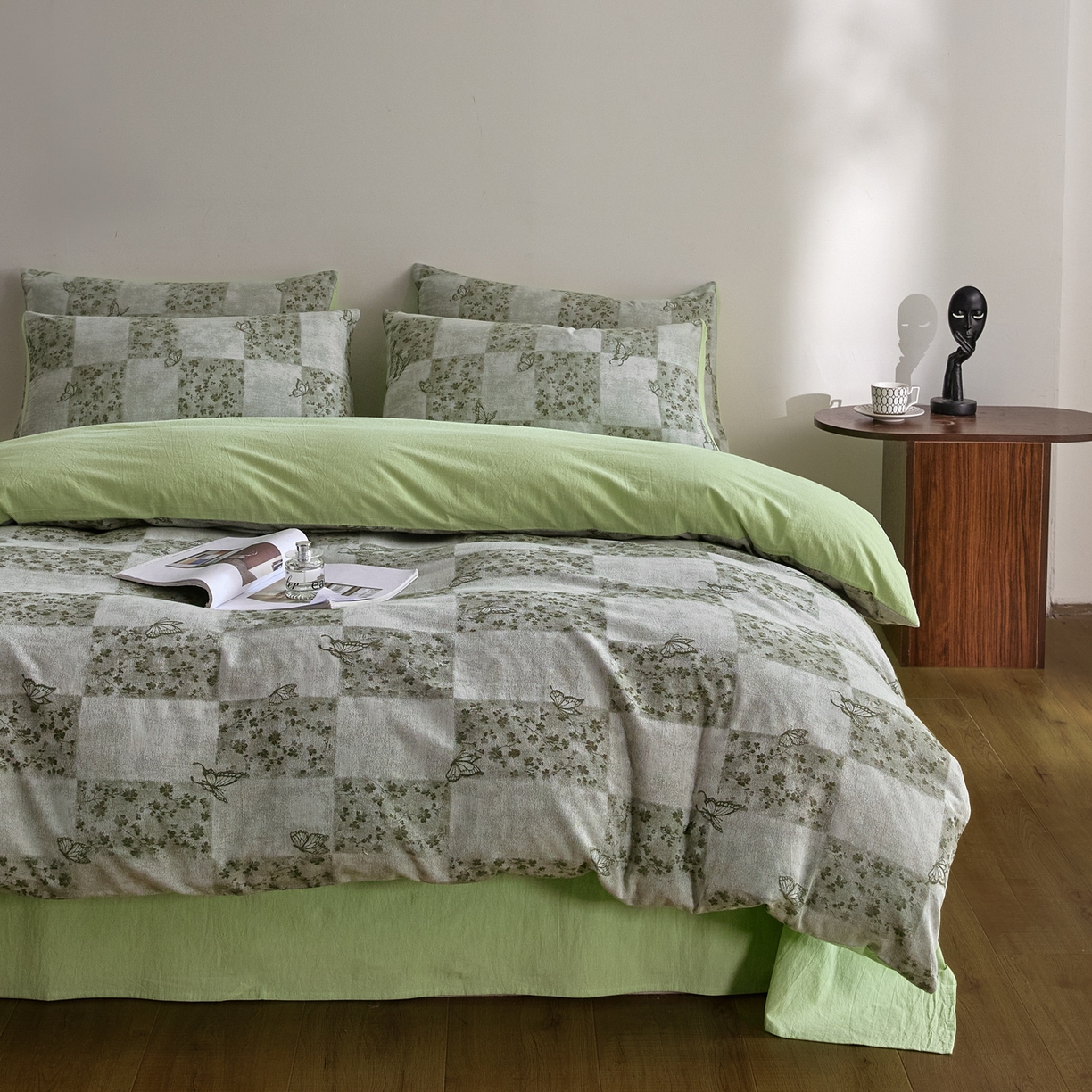 91家纺网 家纺一手货源 找家纺 如一 2026新款A类色织提花全棉双层纱水洗棉四件套 蝶漫绿