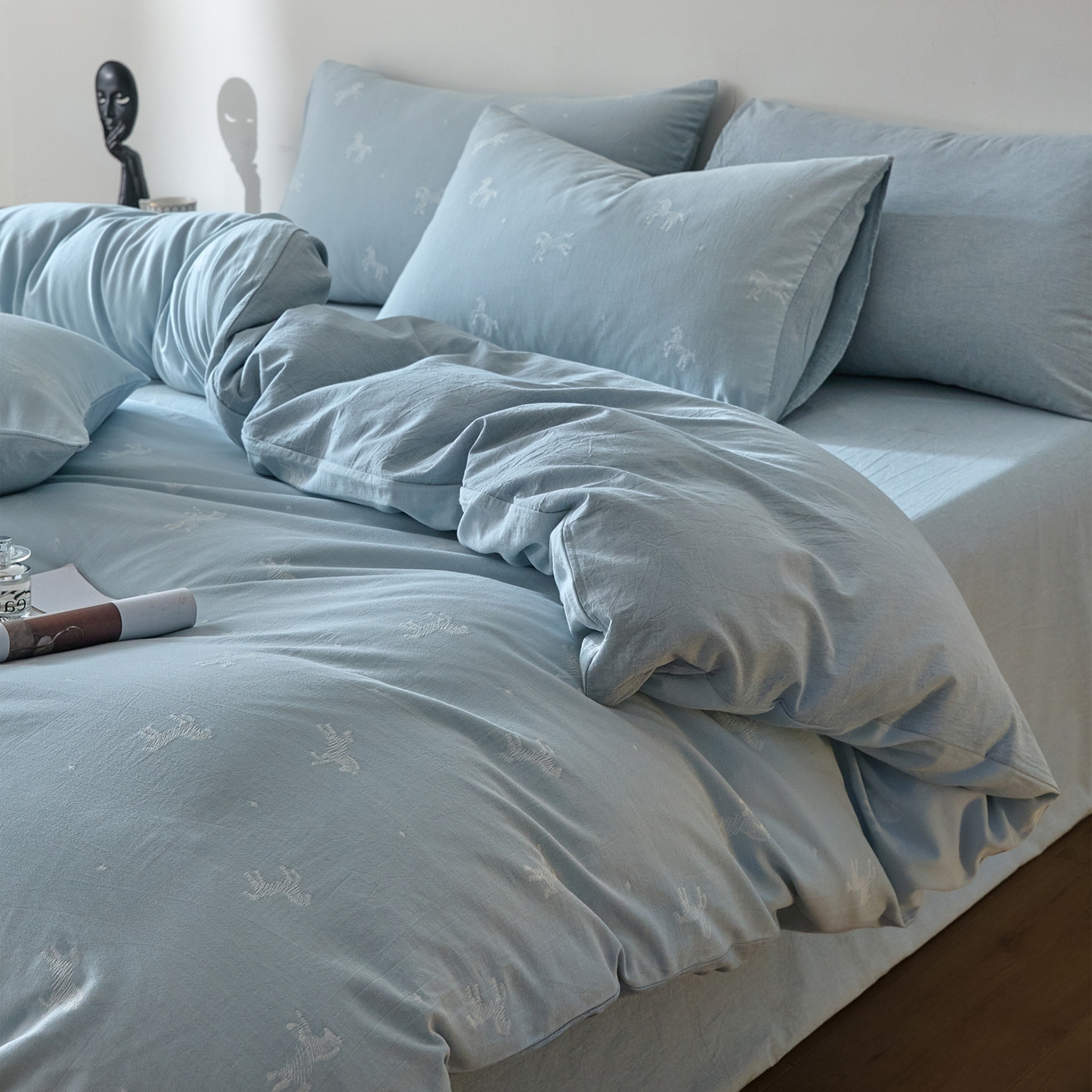 如一 2026新款A类色织提花全棉双层纱水洗棉四件套 骏影蓝