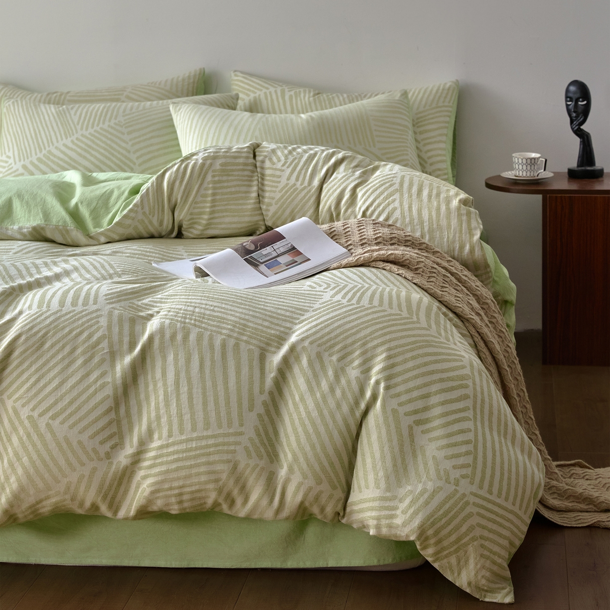 91家纺网 家纺一手货源 找家纺 如一 2026新款A类色织提花全棉双层纱水洗棉四件套 序章绿