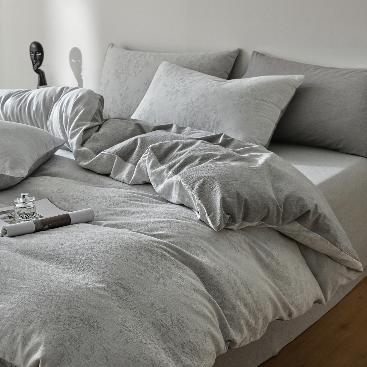 如一 2026新款A类色织提花全棉双层纱水洗棉四件套 花忆灰